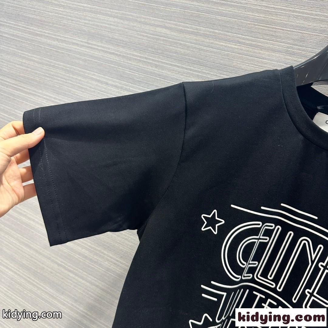 シンプル プリント クルーネック 半袖 コットン セリーヌ Tシャツ コピー ブラック-1