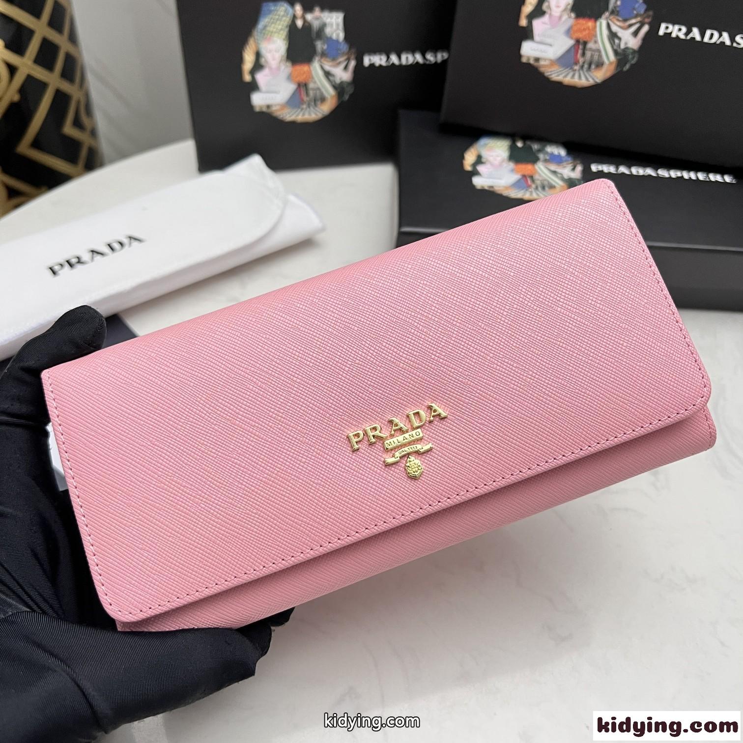 可愛い ピンク 定番 人気 ロゴ レディース 長財布 カーフレザー プラダ 財布 コピー 飽きのこない-1