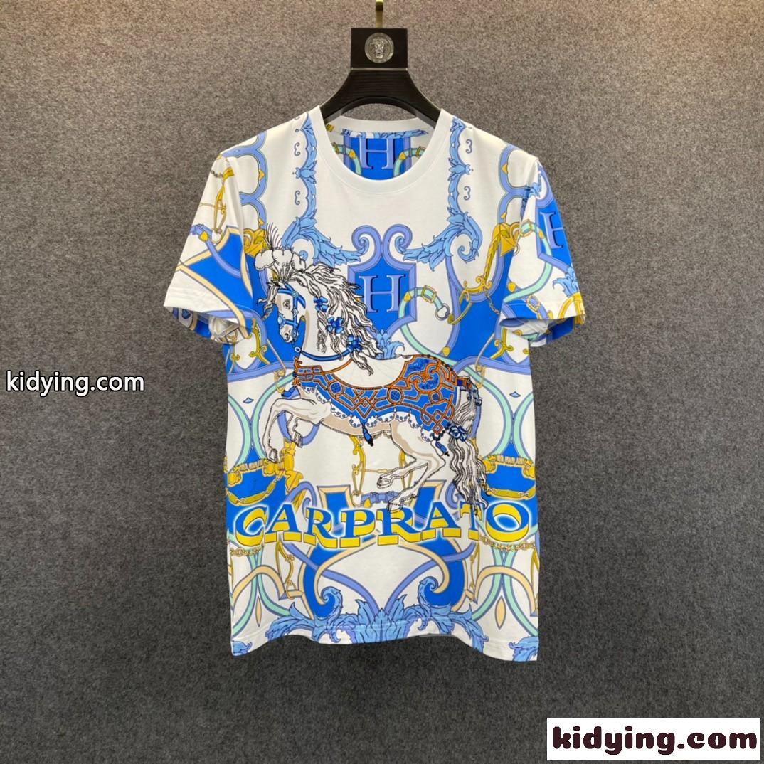2022春夏 新作 メンズ 半袖Tシャツ ラウンドネック エルメス Tシャツ コピー プリント カジュアル 柔らかい 快適-4