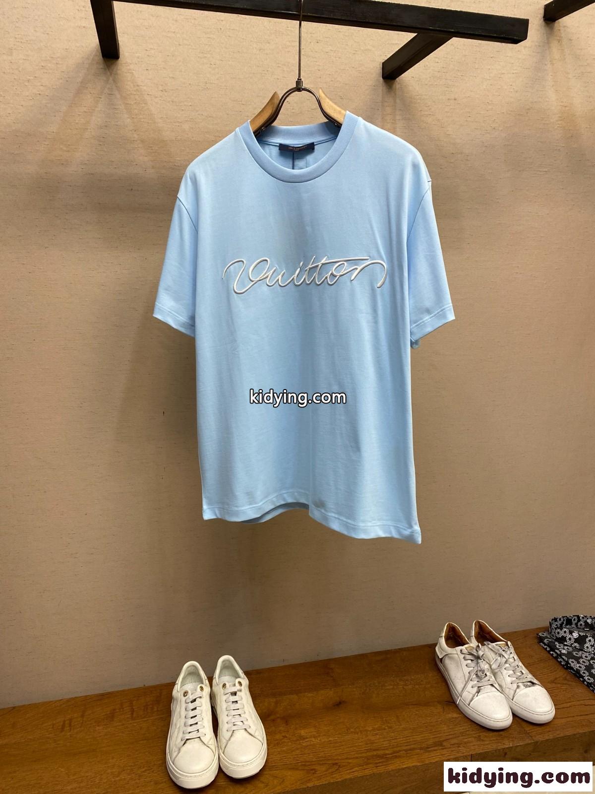 シンプル 刺繍入り コットン 半袖Tシャツ ルイ・ヴィトン Tシャツ コピー ブルー-2