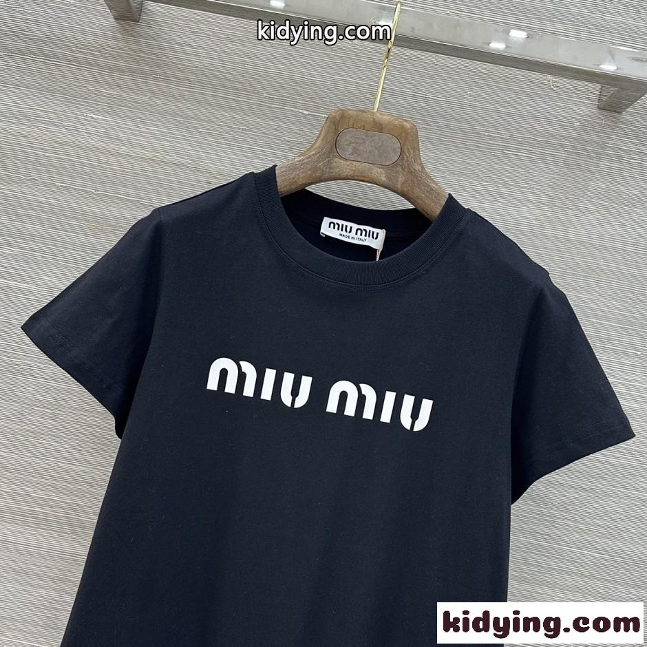 シンプル ロゴ入り コットン ミュウミュウ Tシャツ コピー ブラック-2
