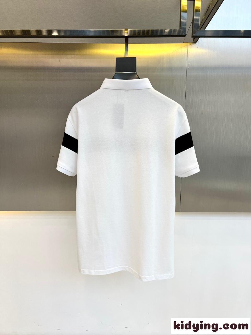 カジュアル 配色 コットンピケ ポロシャツ プラダ Tシャツ 偽物 半袖トップス ホワイト-1