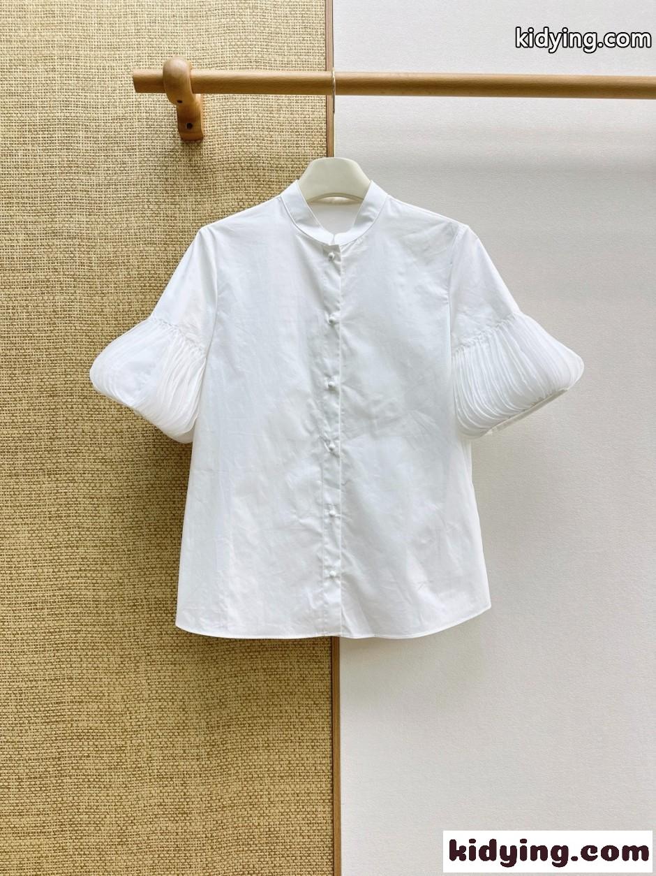 プリーツスリープ コットン 半袖シャツ ヴァレンティノ シャツ 偽物 ホワイト-0