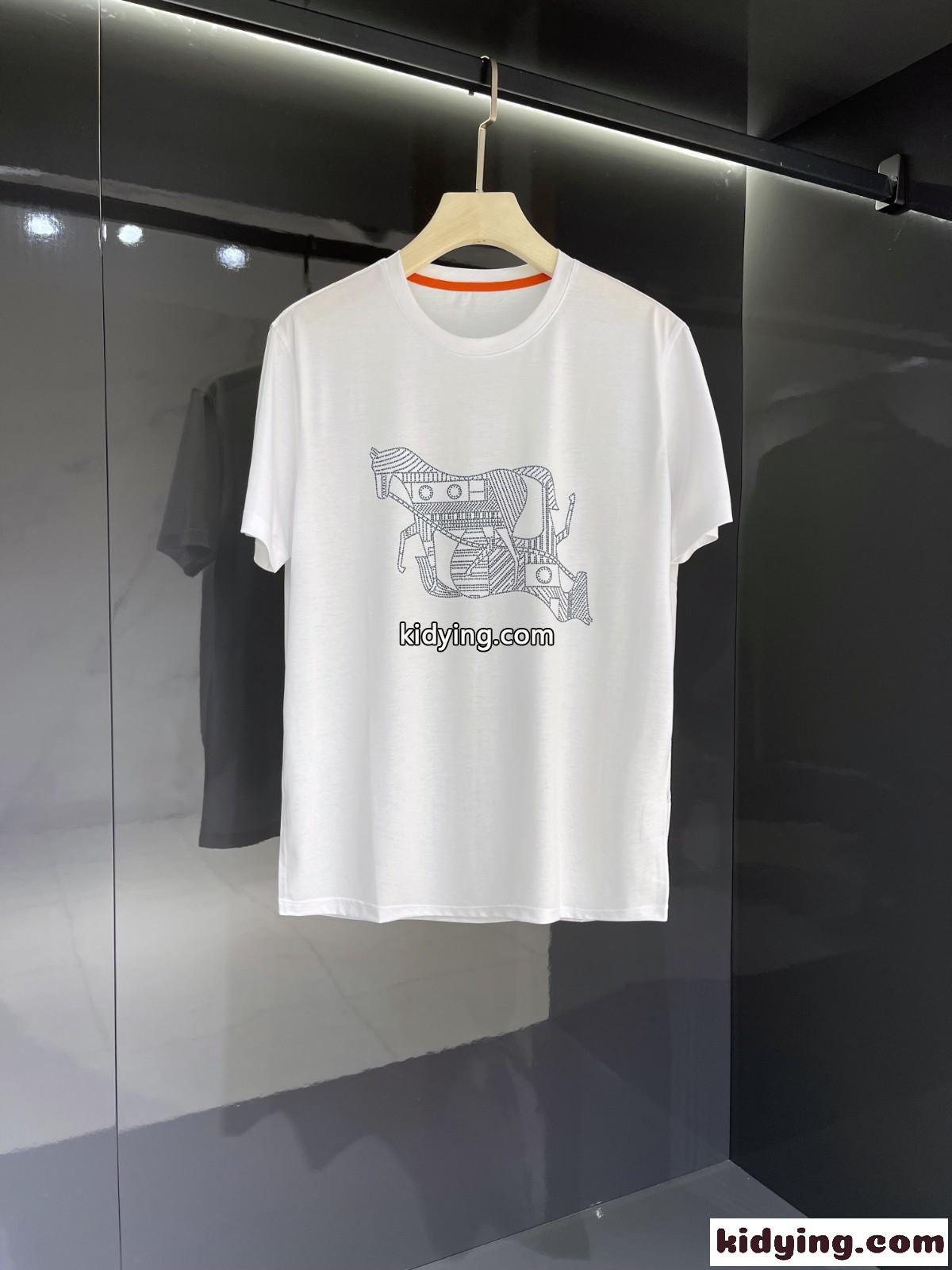 カジュアル 薄手 ラインストーン クルーネック エルメス 半袖tシャツ コピー シルケット コットン トップス-1