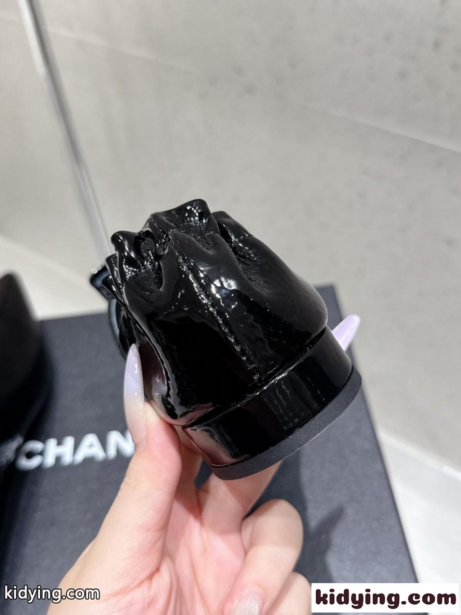パテントレザー リボン フラットシューズ シャネル シューズ スーパーコピー ブラック-3