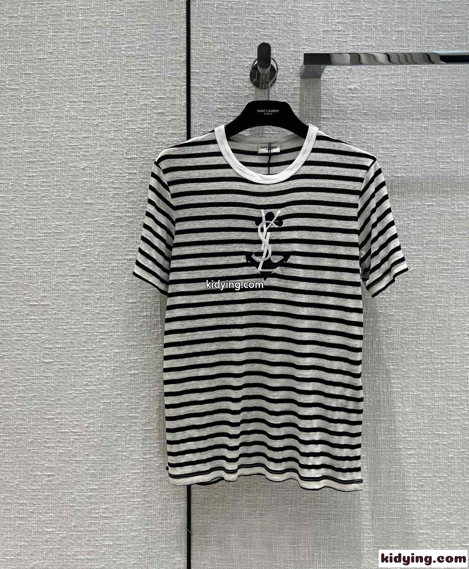 夏 爽やか 定番 おしゃれ ボーダー柄 リネン生地 イヴ・サンローラン 半袖Tシャツ コピー 涼しい トップス-2