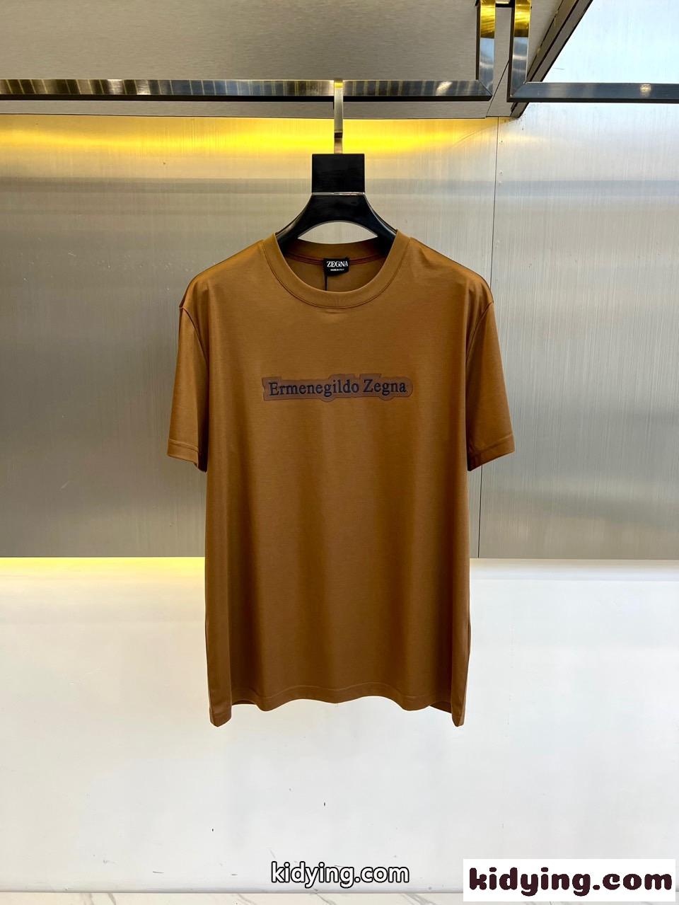 シンプル ロゴ 半袖Tシャツ エルメネジルド・ゼニア Tシャツ コピー クルーネック ブラウン-0
