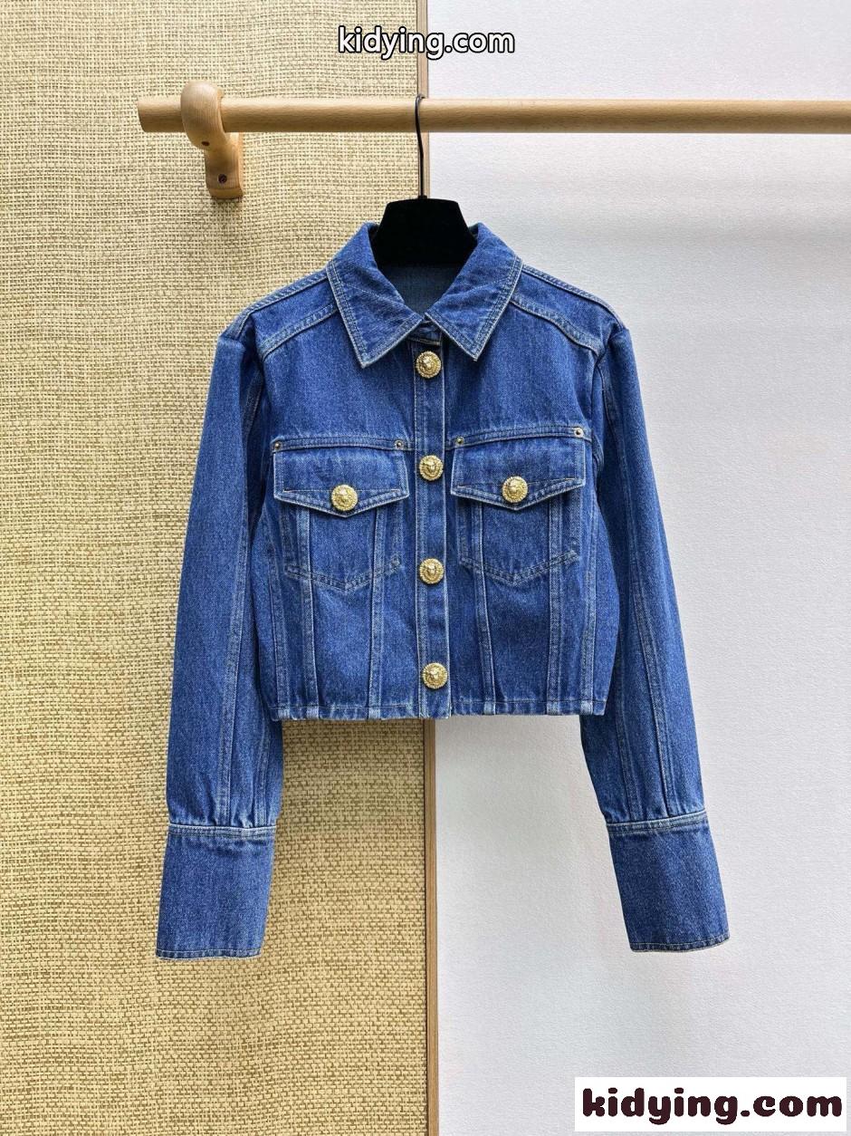 ゴールドボタン バルマン ジャケット コピー クロップド デニムジャケット-0