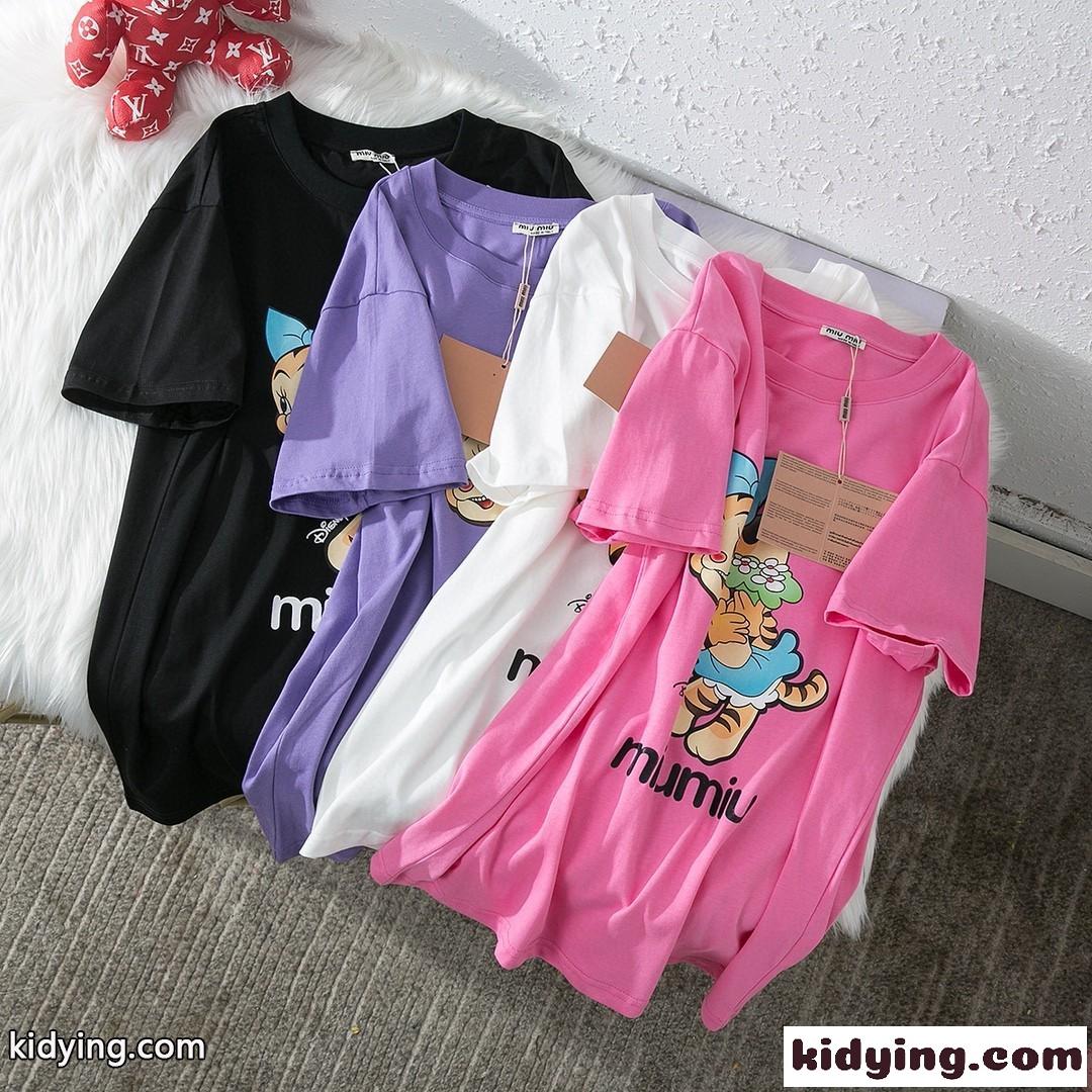 人気 ゆったり 体型カバー 可愛い プリント ミュウミュウ 半袖tシャツ コピー コットン 着心地いい ラウンドネック-2