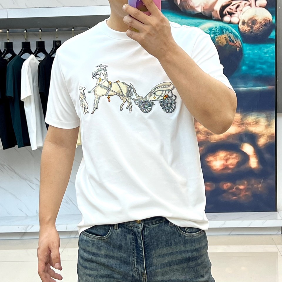 エルメス Tシャツ 偽物 おしゃれ 合わせやすい クルーネック ホワイト-2