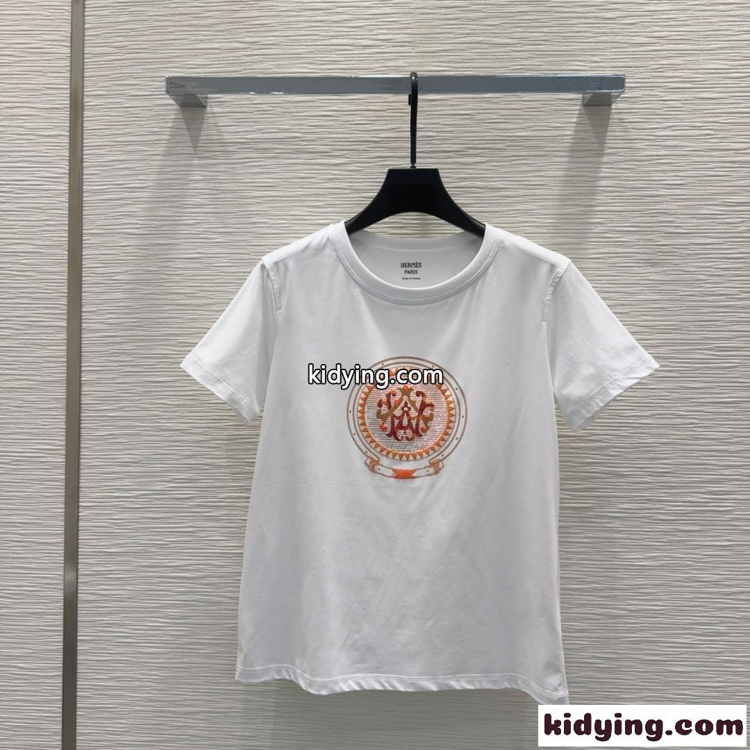 シンプル コットン 半袖 トップス エルメス Tシャツ コピー クルーネック ホワイト-1