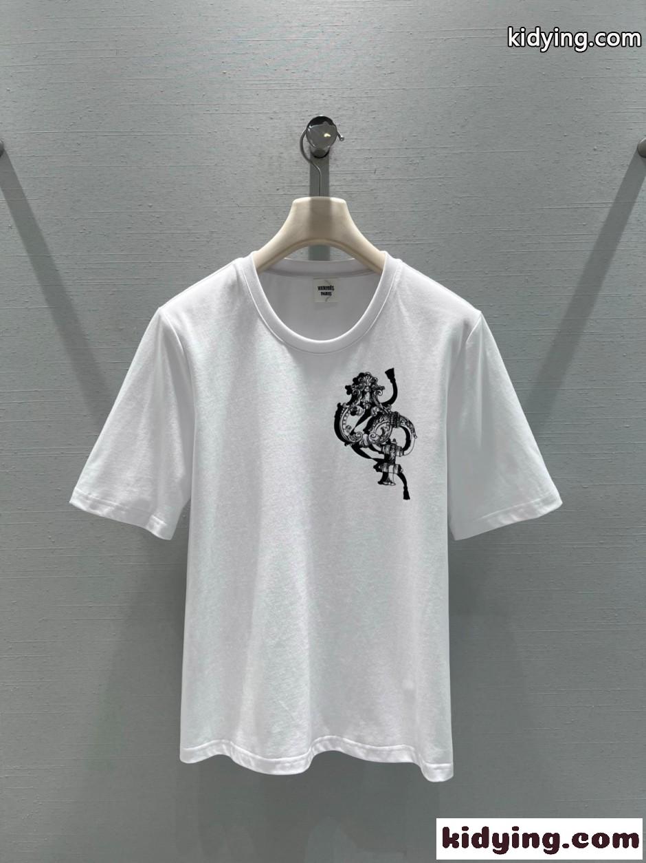 コットン プリント 半袖Tシャツ エルメス Tシャツ コピー クルーネック ホワイト-0