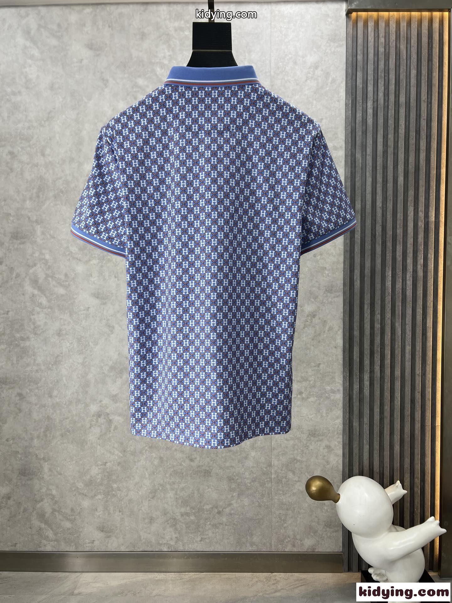 存在感たっぷり 総柄 エルメス Tシャツ コピー 半袖 コットンピケ ポロシャツ ブルー-0