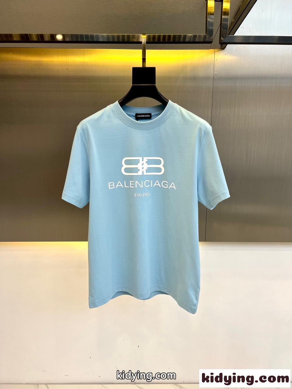 カジュアル ロゴプリント 半袖Tシャツ バレンシアガ Tシャツ コピー コットン ライトブルー-0
