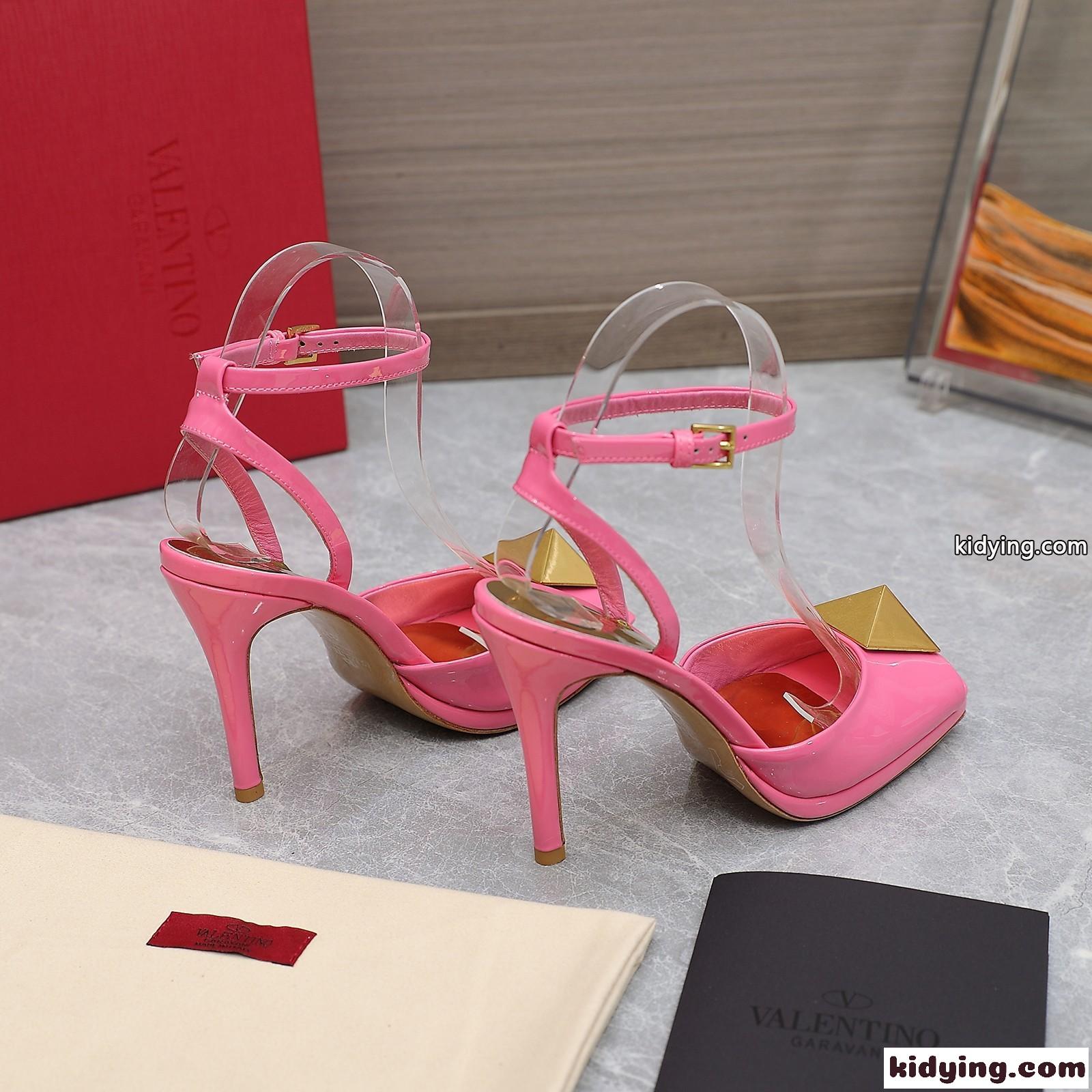 ワンスタッズ エナメル 10.5cm ピンヒール パンプス ヴァレンティノ サンダル コピー レディース ピンク-4