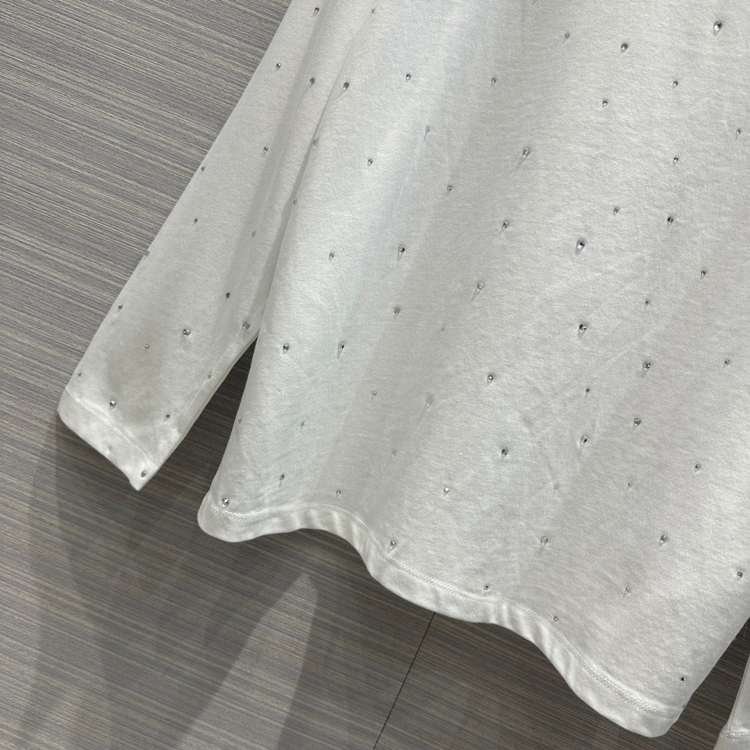 カジュアル クルーネック クリスタル付 ミュウミュウ Tシャツ コピー ロングスリーブ ホワイト-3
