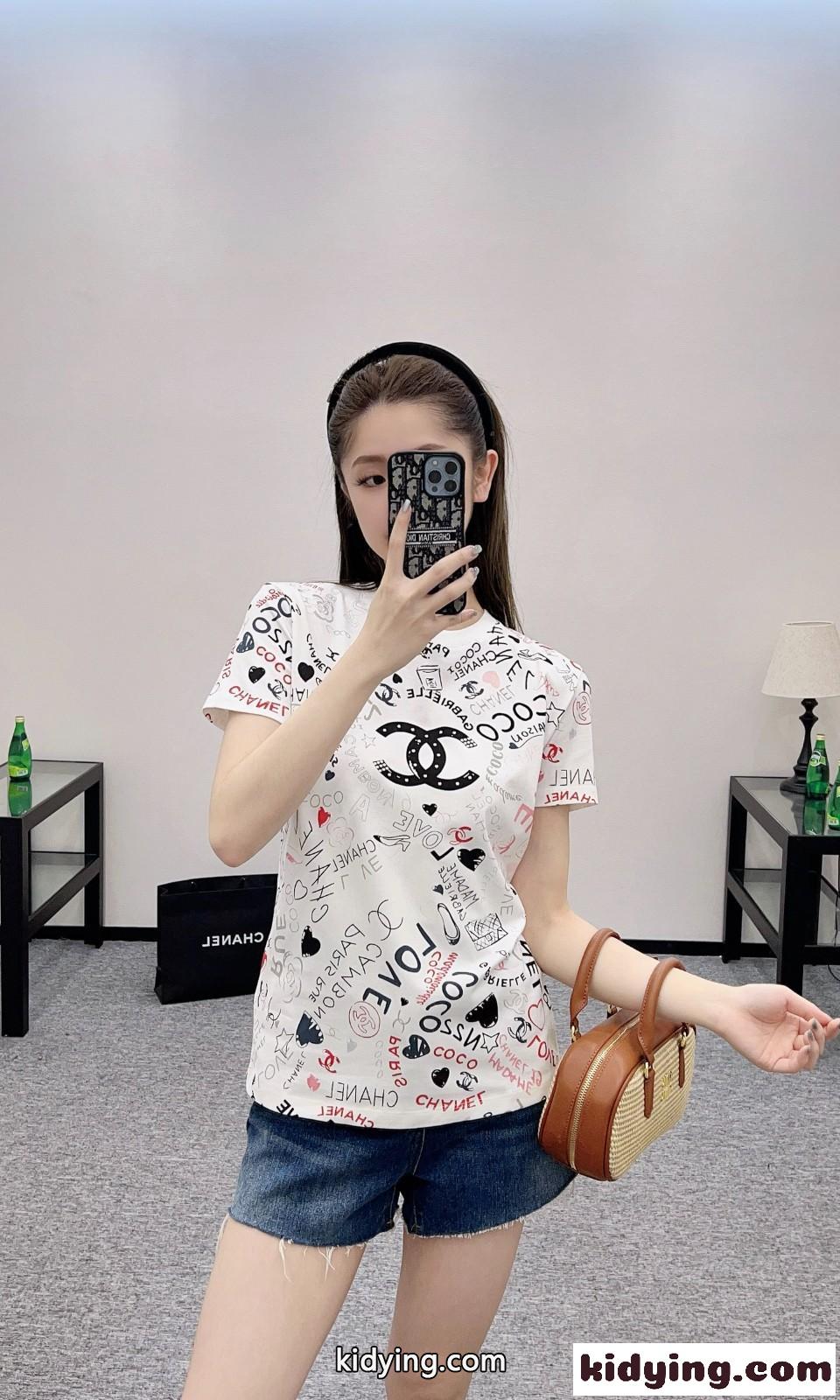 おしゃれ プリント クルーネック シャネル Tシャツ コピー コットン 半袖Tシャツ ホワイト-5