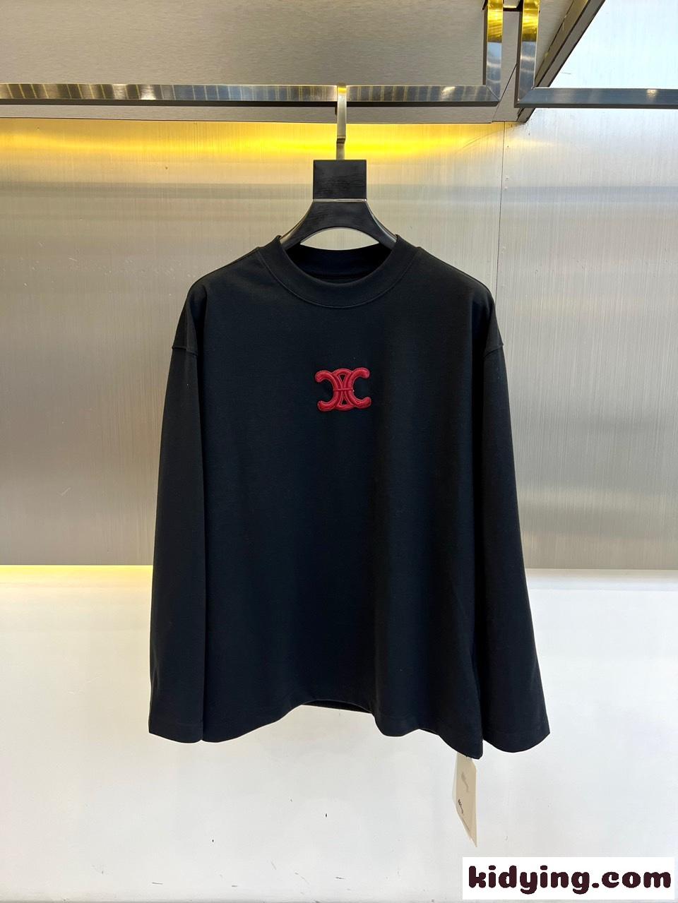 シンプル トリオンフ コットン 長袖Tシャツ セリーヌ Tシャツ コピー ブラック-0