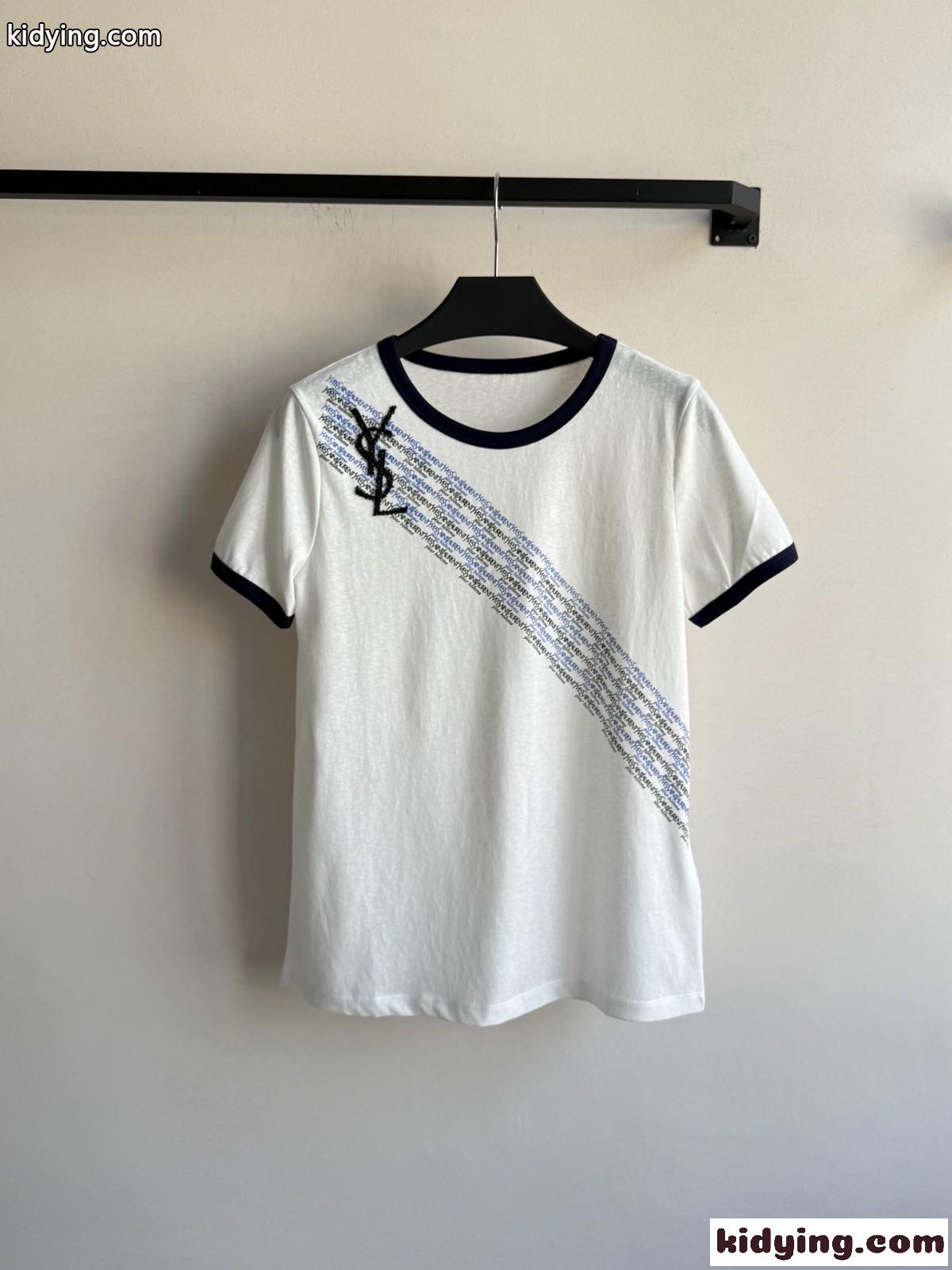 カジュアル コットン 配色 半袖Tシャツ イヴ・サンローラン Tシャツ コピー ホワイト-0