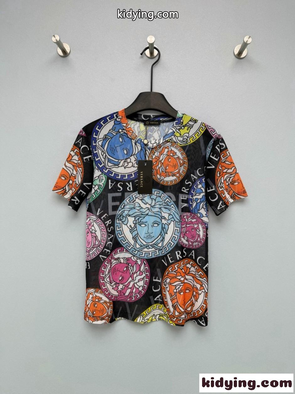 メデューサ マルチカラー メッシュ トップス ヴェルサーチ Tシャツ 偽物 ブラック-0