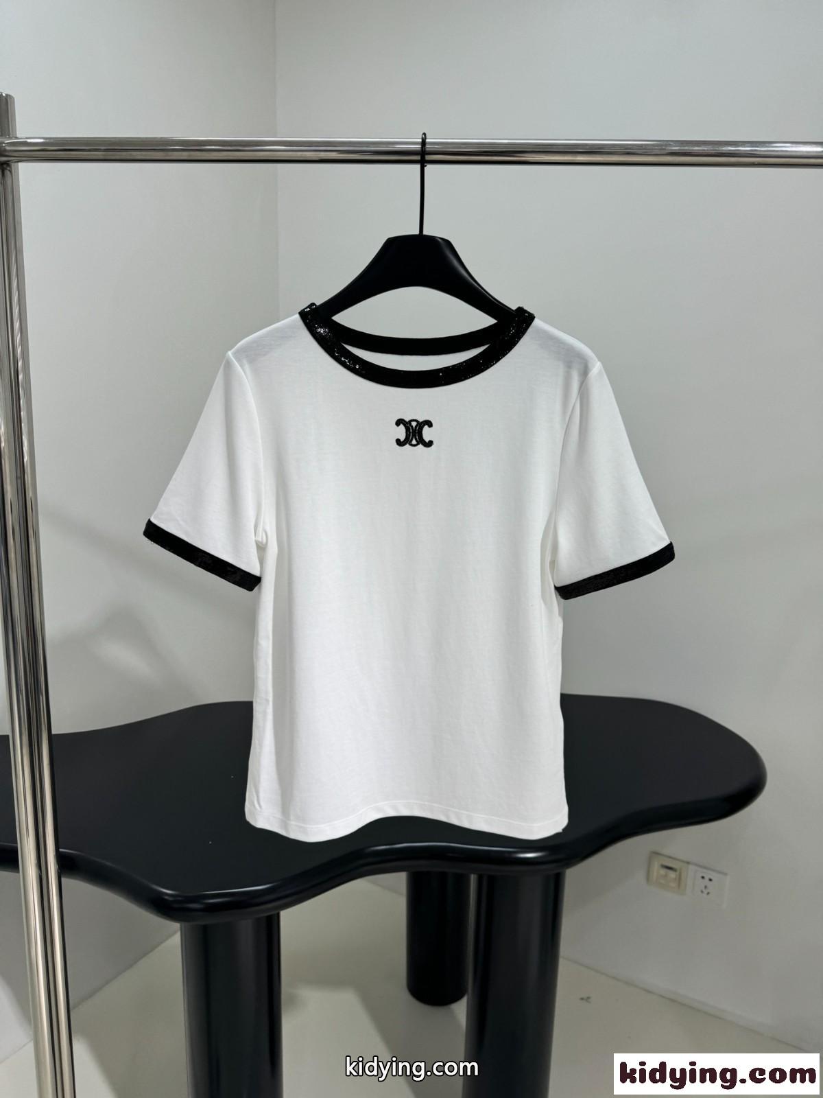 スパンコール付き コットン セリーヌ Tシャツ コピー 半袖Tシャツ-0