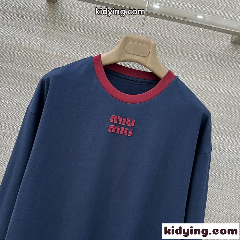 ロゴ入り コットン 長袖Tシャツ ミュウミュウ Tシャツ コピー クルーネック-1