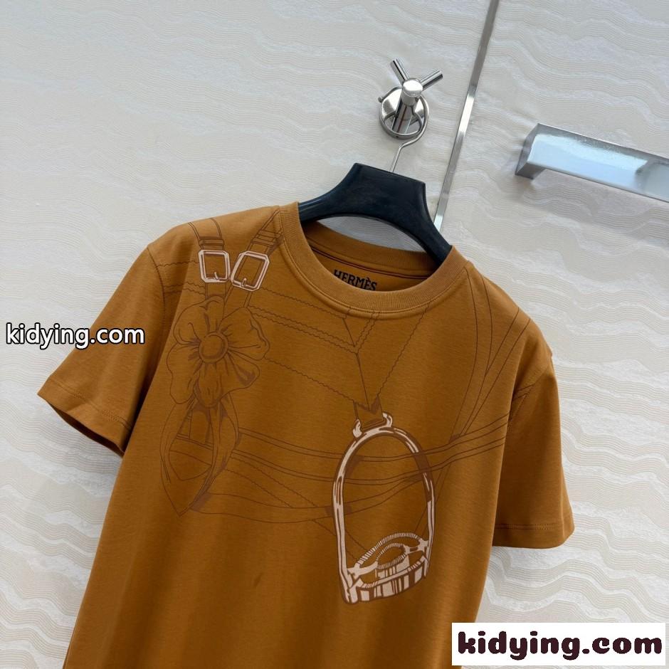 エルメス Tシャツ コピー 馬具プリント コットン クルーネックTシャツ ブラウン-1
