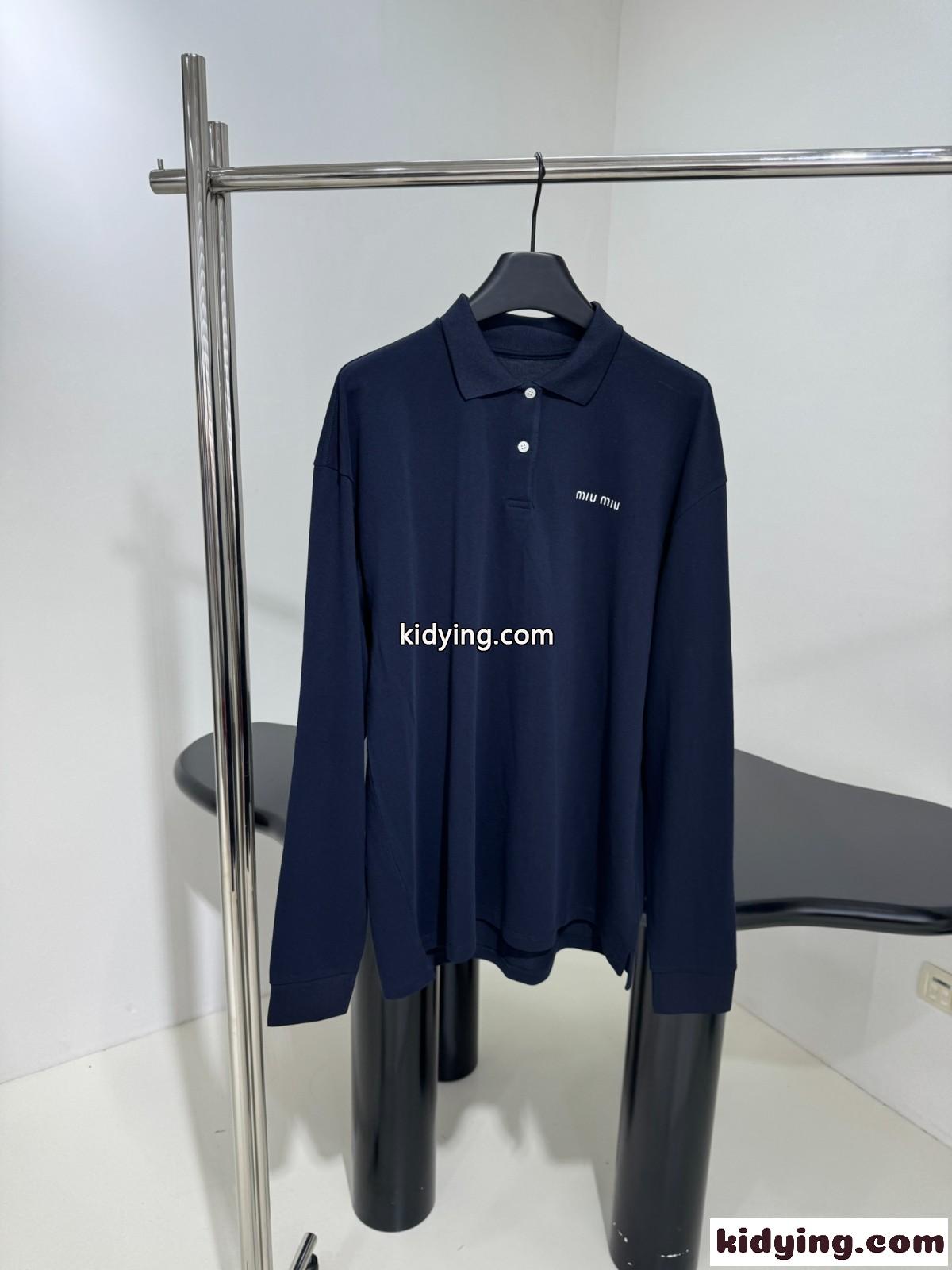 コットンピケ ポロシャツ ミュウミュウ Tシャツ コピー ロングスリーブ ネイビー-0