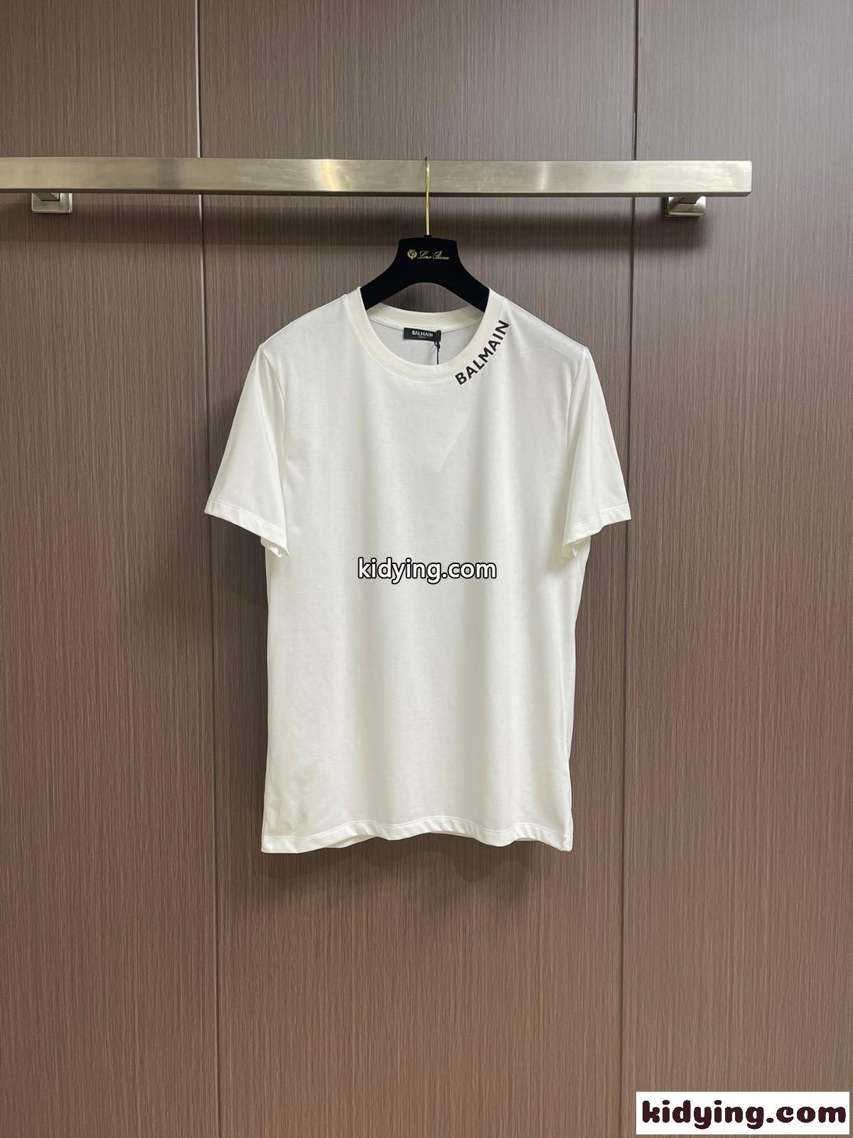 シンプル ロゴ入り クルーネック 半袖Tシャツ バルマン Tシャツ コピー ホワイト-0
