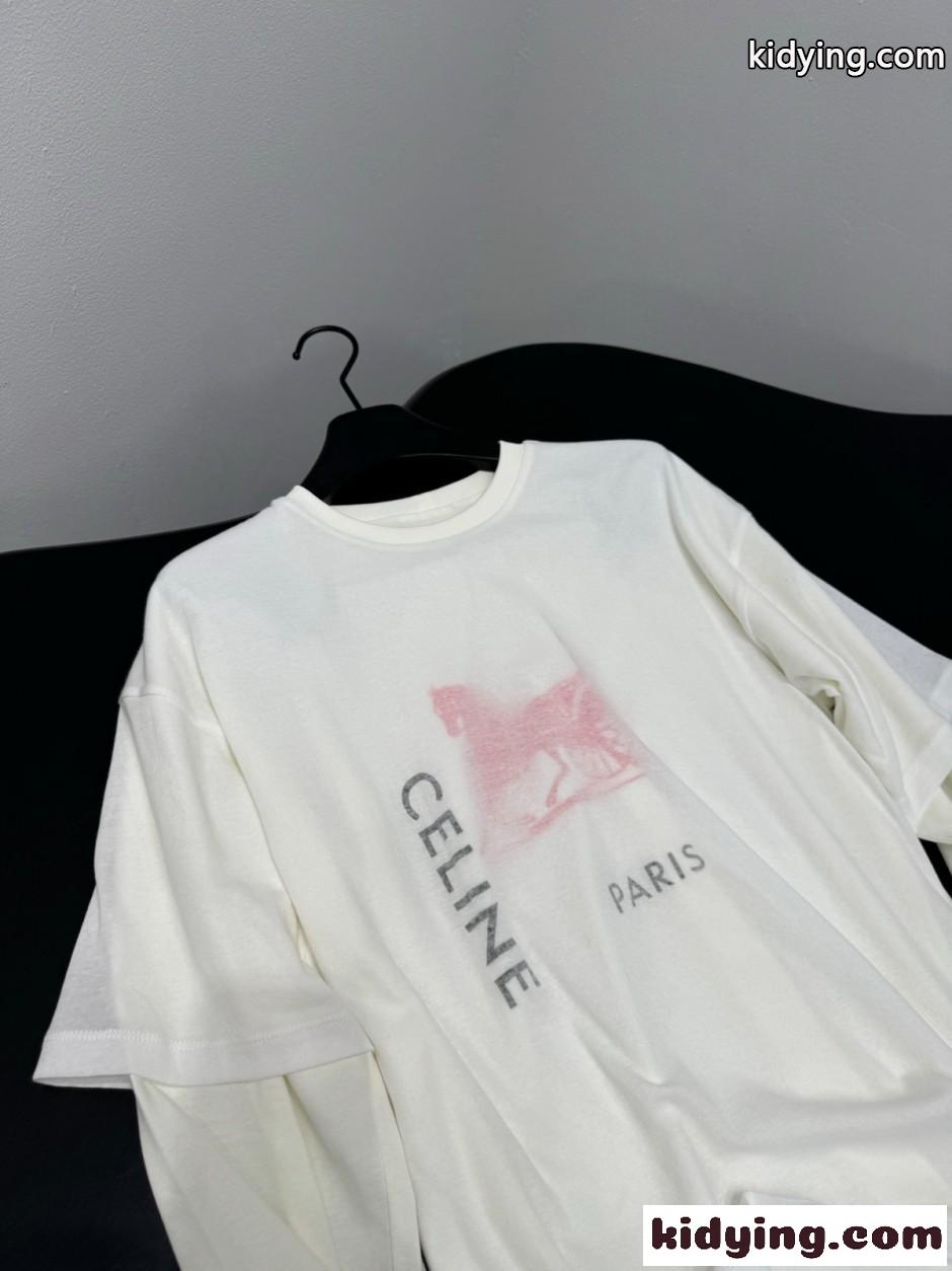 ロゴプリント フェイクレイヤード 長袖Tシャツ セリーヌ Tシャツ 偽物 ホワイト-2