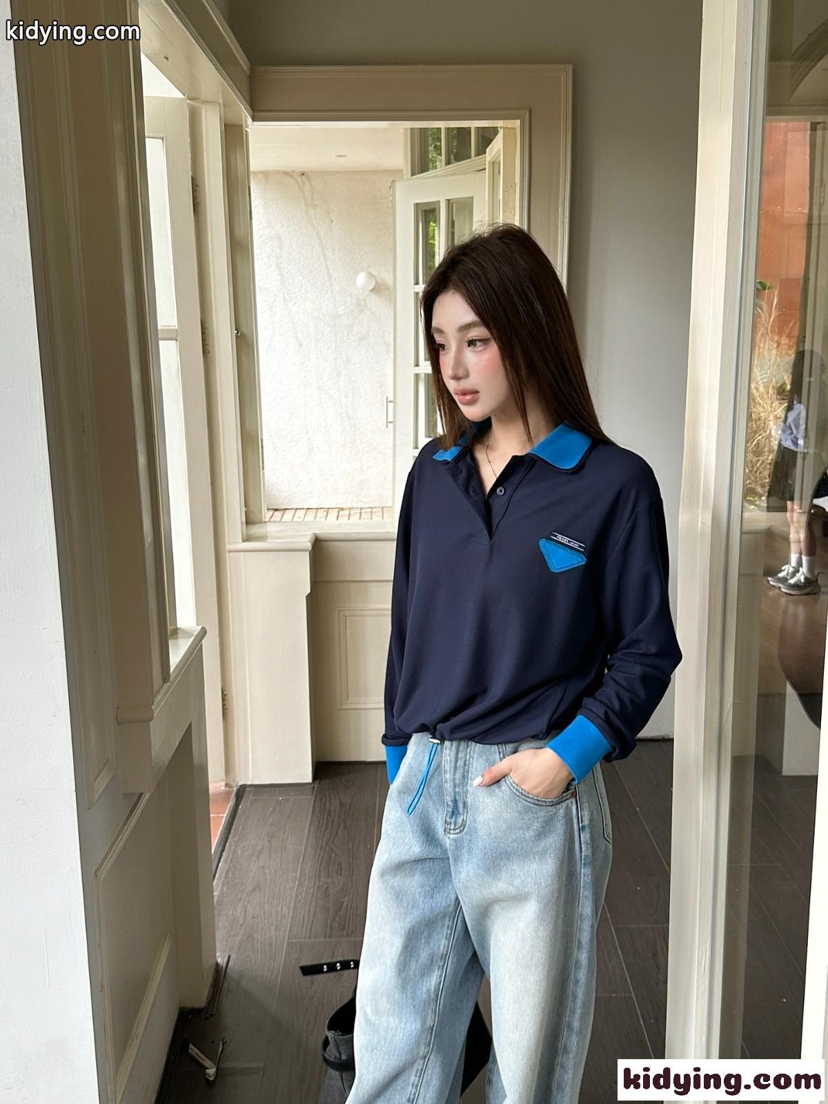 上品 カジュアル 配色 プラダ Tシャツ 偽物 長袖ポロシャツ ネイビー-5