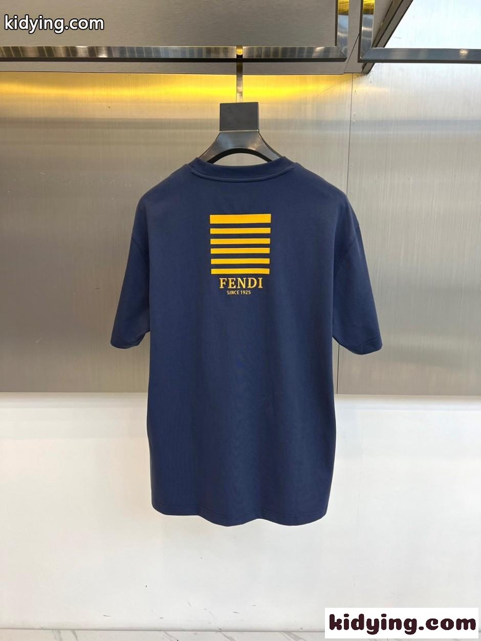 カジュアル 洗練された ロゴ刺繍 半袖Tシャツ フェンディ Tシャツ 偽物 ブルー-4