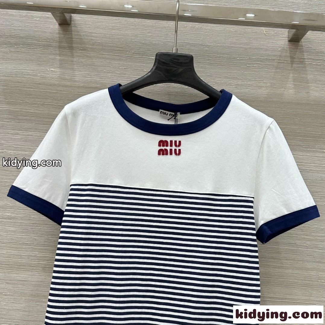 スタイリッシュ クルーネック 半袖Tシャツ ミュウミュウ Tシャツ コピー ネイビー-1