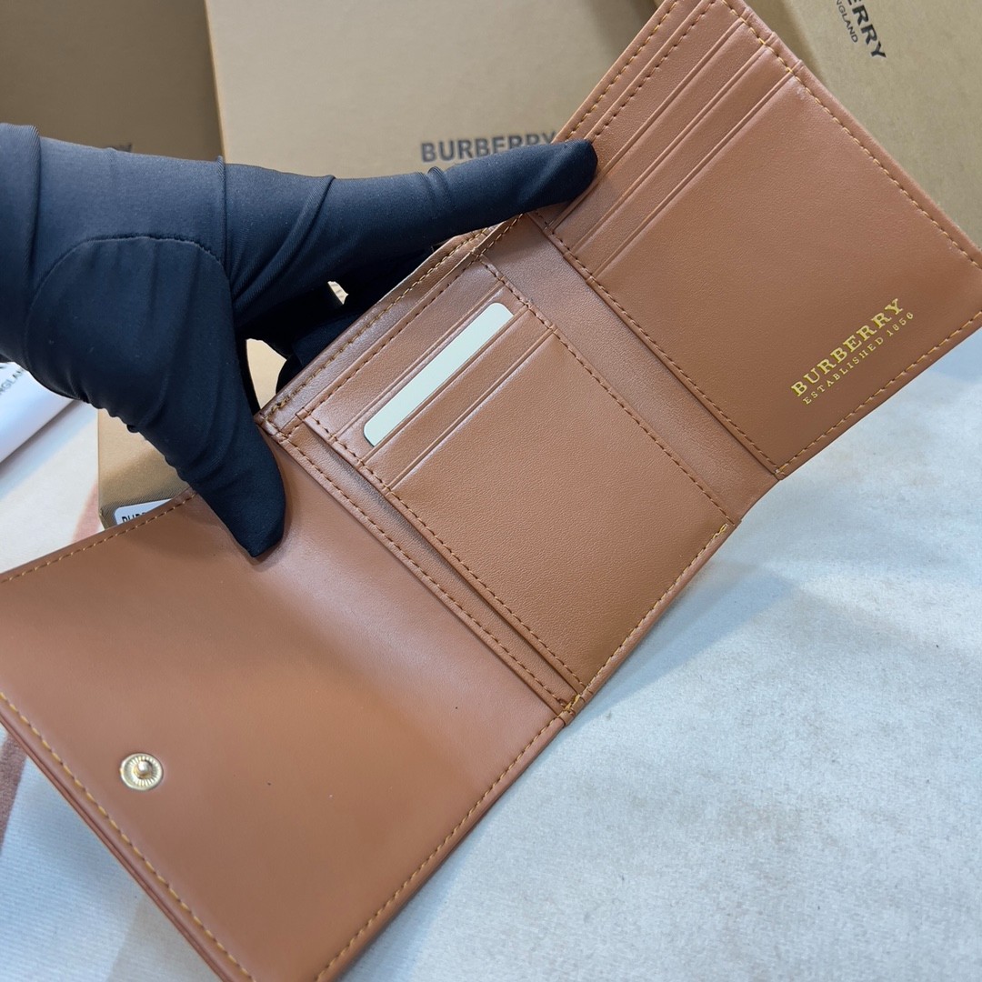 バーバリー 財布 コピー 人気 チェック＆レザー コンパクト財布 ブラウン-3