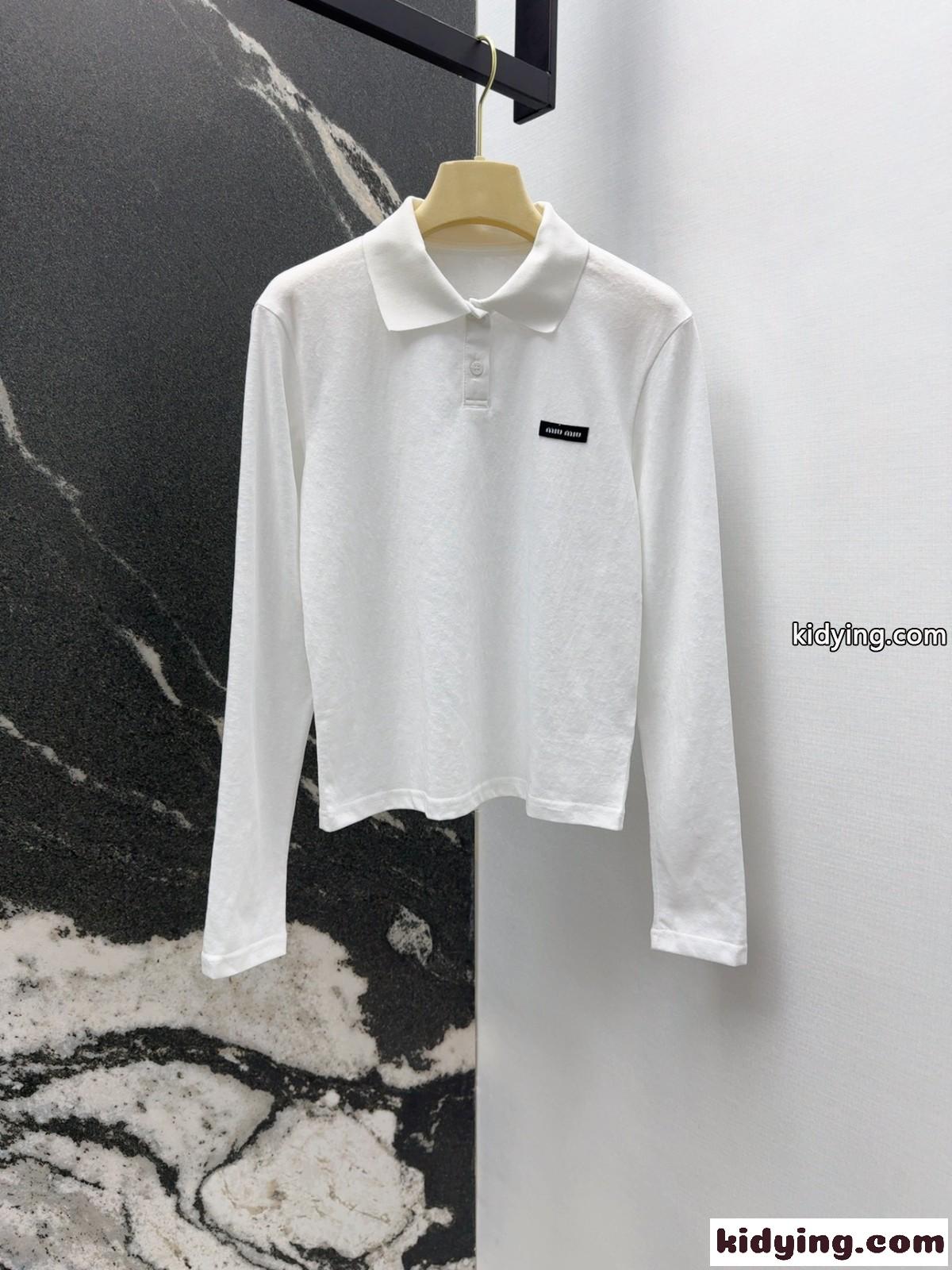カジュアル ロゴパッチ 長袖 ポロシャツ ミュウミュウ Tシャツ コピー ホワイト-2