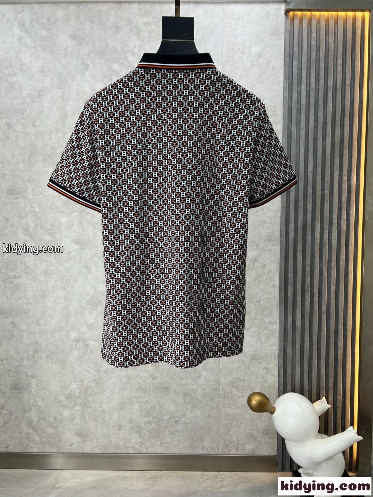 存在感たっぷり 総柄 エルメス Tシャツ コピー 半袖 コットンピケ ポロシャツ ブラック-1