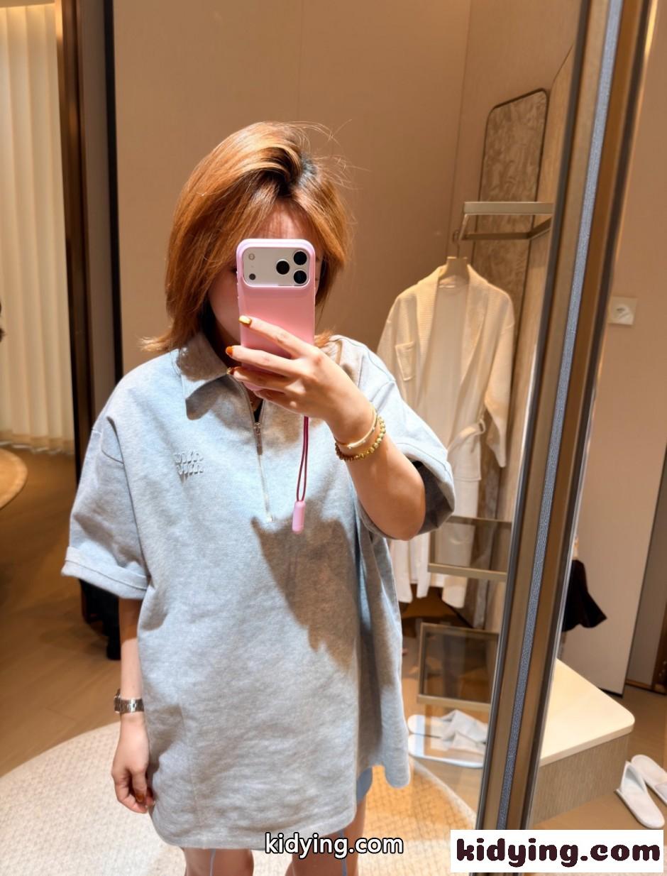 ハーフジップ コットンブレンド ポロシャツ ミュウミュウ Tシャツ コピー グレー-4