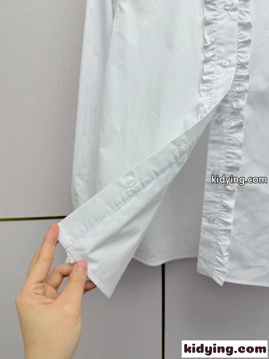 YSL ロゴ刺繍 フリル付き 長袖シャツ イヴ・サンローラン シャツ 偽物 ホワイト-0