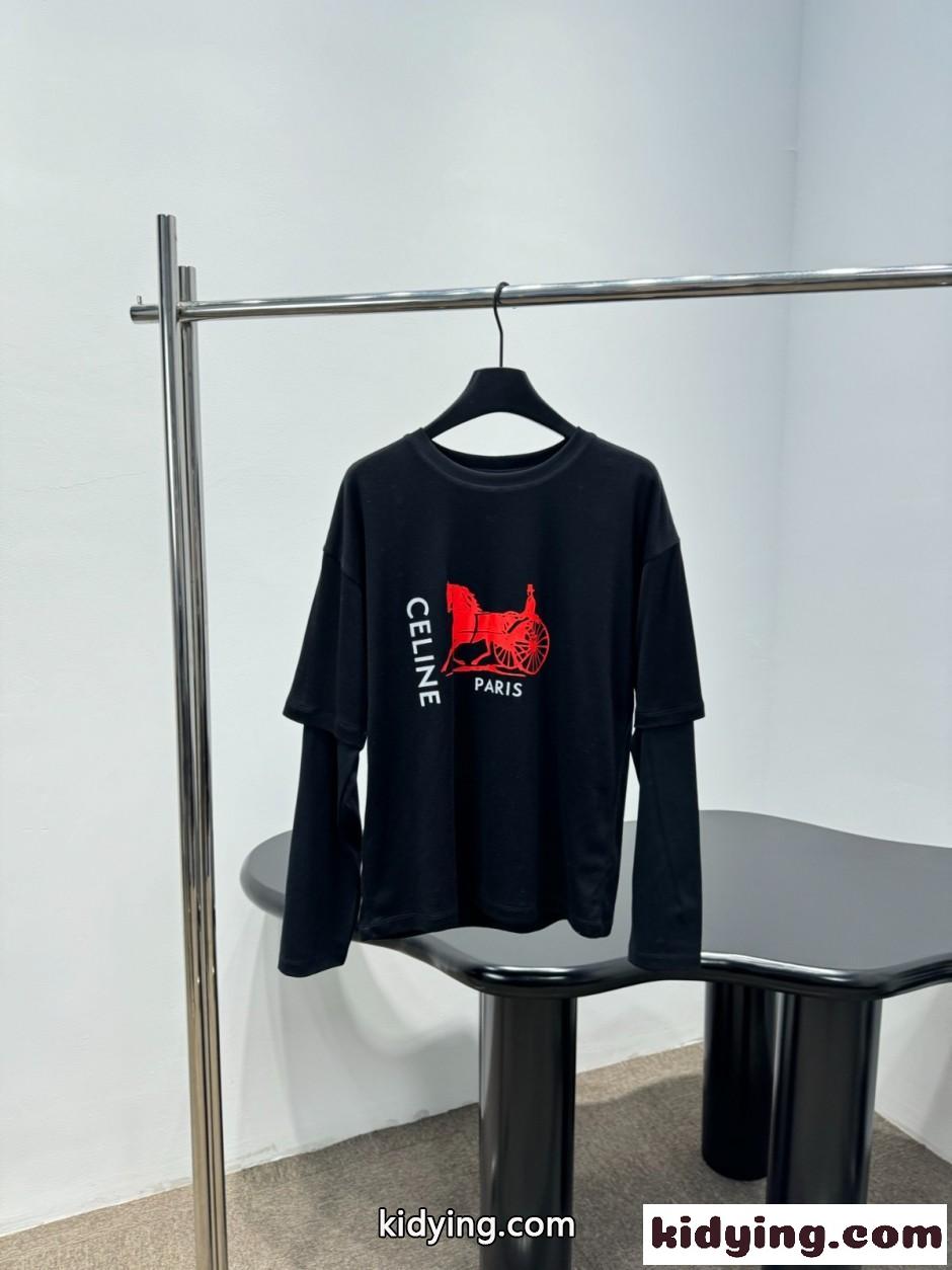 ロゴプリント フェイクレイヤード 長袖Tシャツ セリーヌ Tシャツ 偽物 ブラック-1