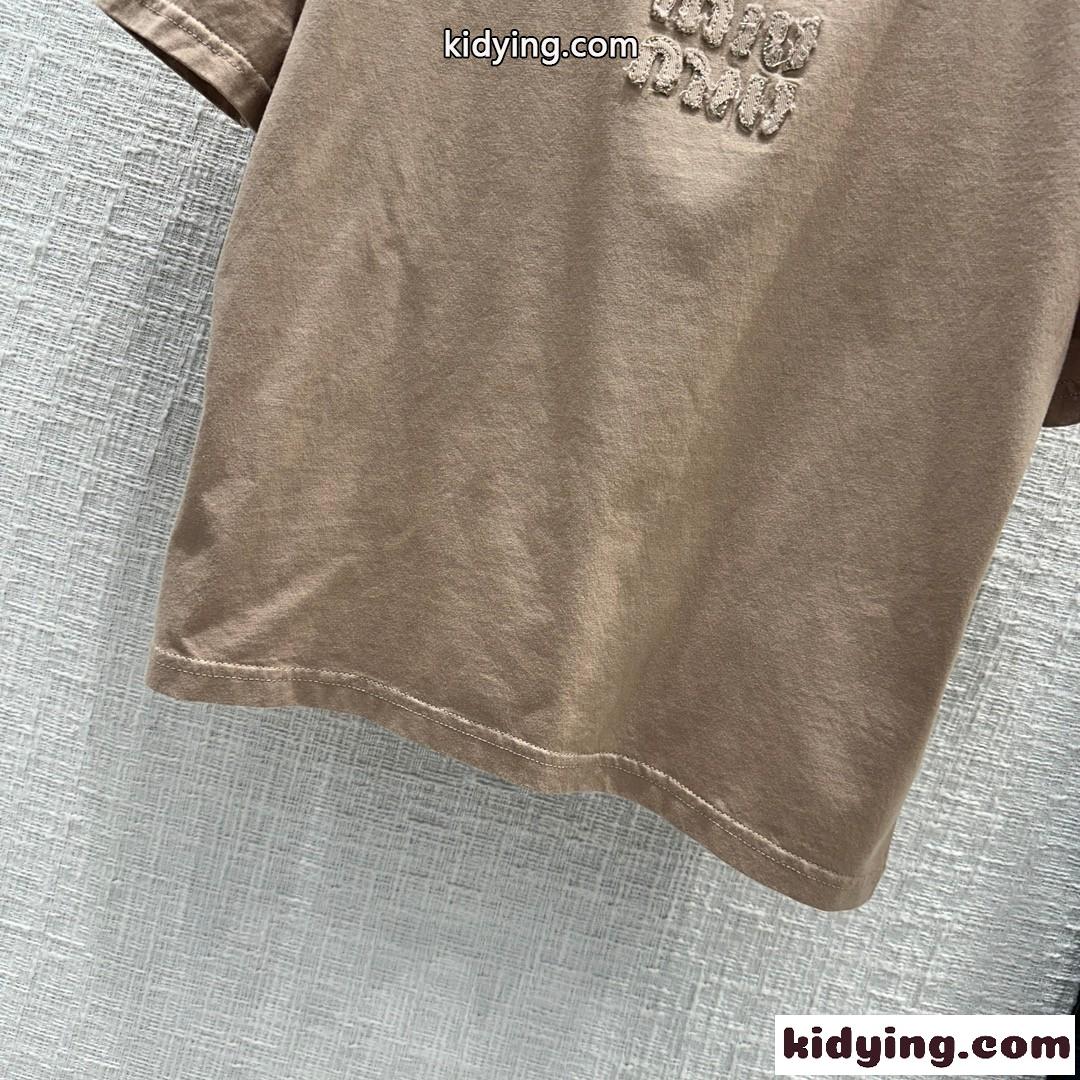 刺繍ロゴ入り コットン 半袖Tシャツ ミュウミュウ Tシャツ コピー-0