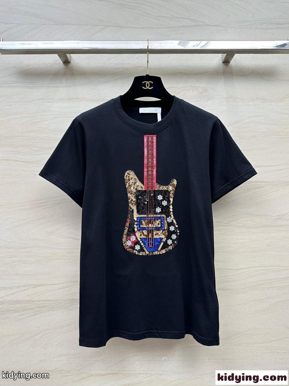 スパンコール 刺繍入り 半袖Tシャツ クロエ Tシャツ コピー クルーネック-1