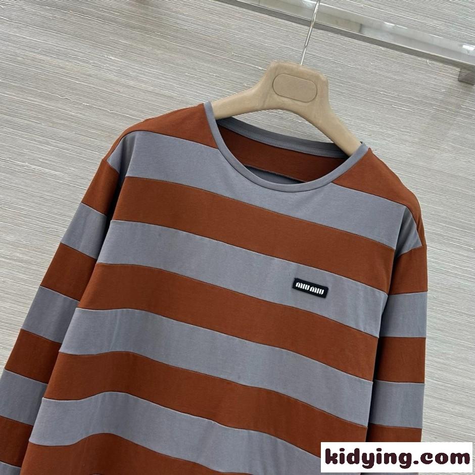 ボーダー柄 コットン 長袖Tシャツ ミュウミュウ Tシャツ コピー カジュアル-2