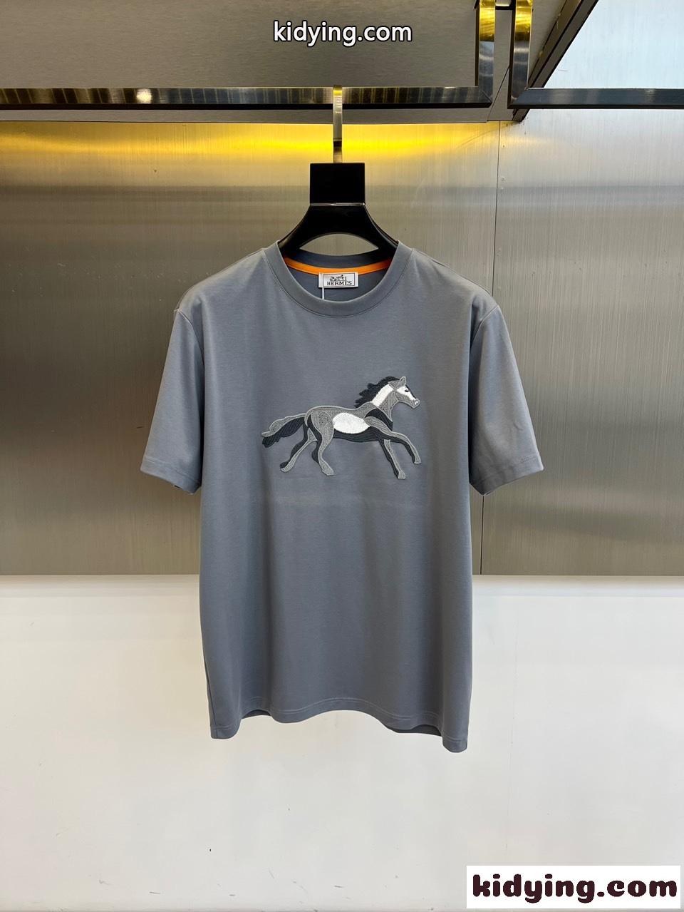 おしゃれ 合わせやすい クルーネック エルメス Tシャツ 偽物 グレー-0