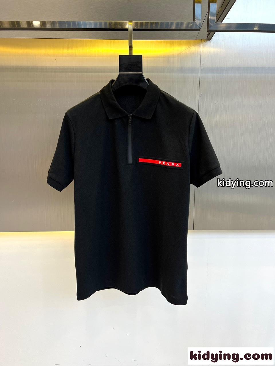 カジュアル ロゴ入り コットンピケ ポロシャツ プラダ 半袖Tシャツ コピー ブラック-0