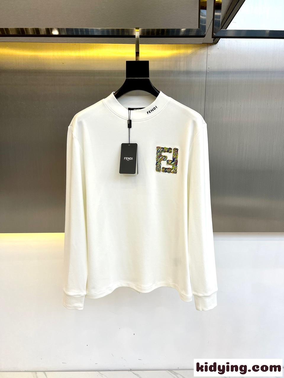 刺繍入り コットン 長袖Tシャツ フェンディ Tシャツ コピー ホワイト-1