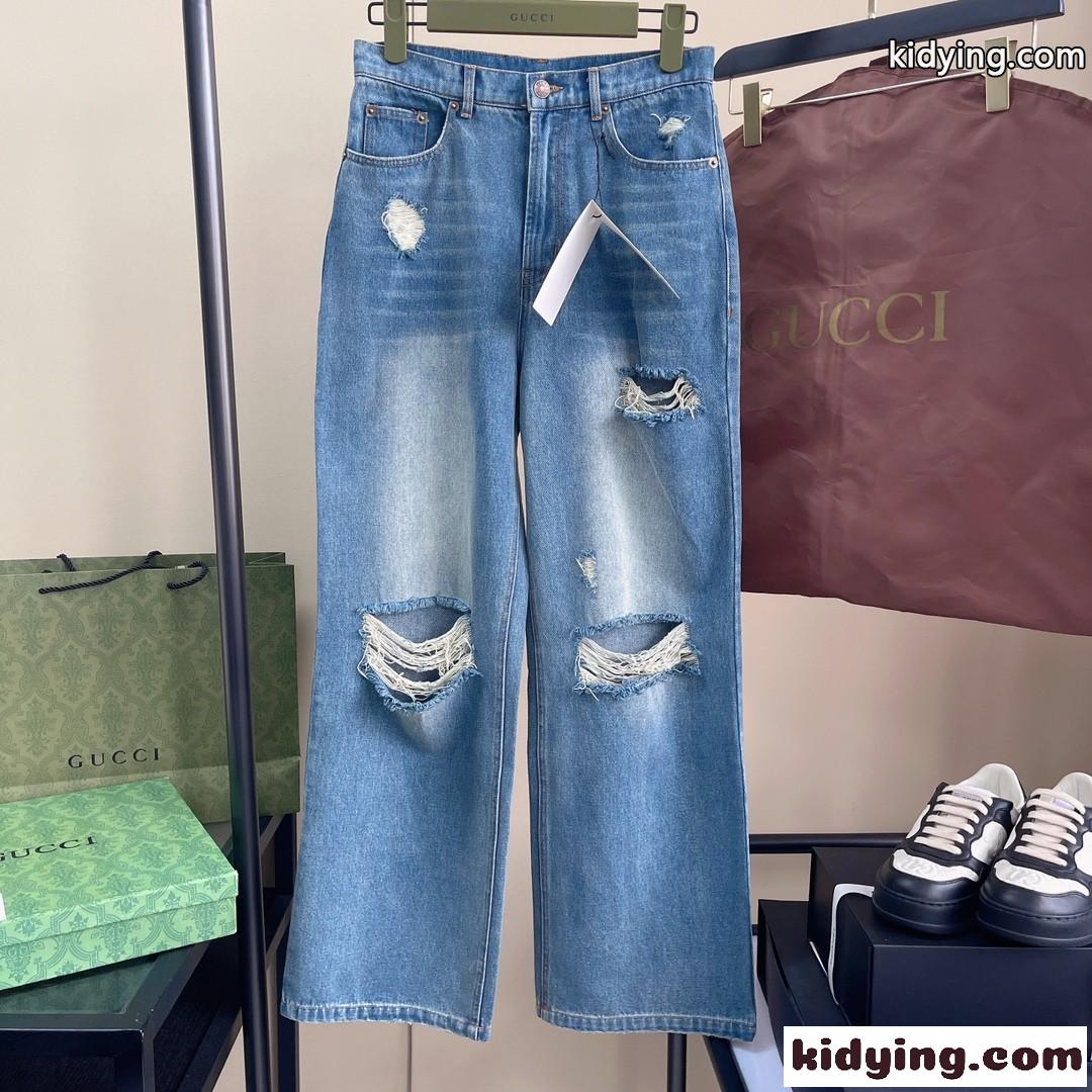 リップド ウォッシュド デニムパンツ グッチ ジーンズ コピー ハイウエスト-0