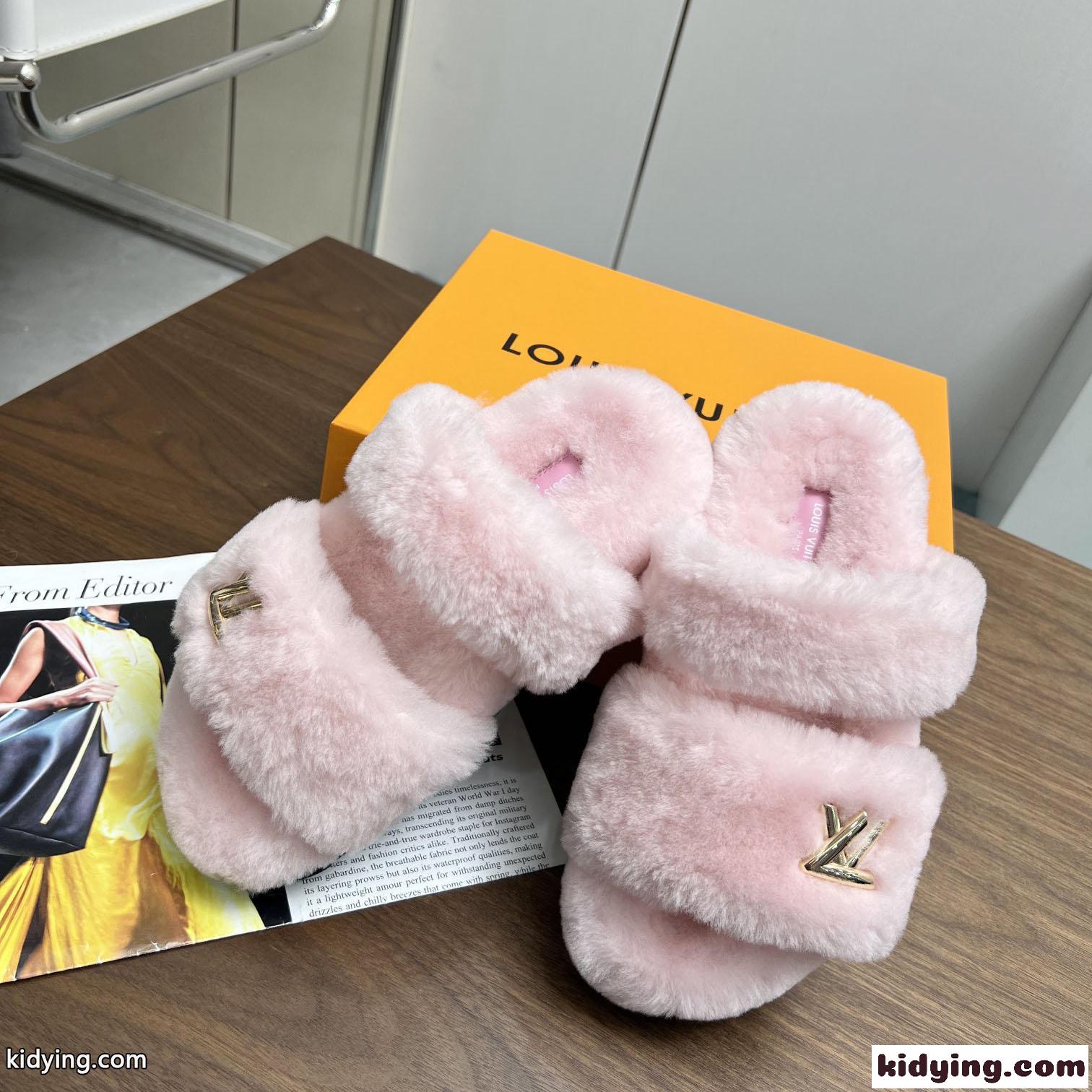 ふわふわ 可愛い LVロゴ ミュール ルイヴィトン サンダル コピー 秋冬 ピンク-0