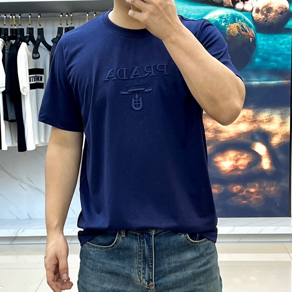 シンプル ロゴ入り コットンジャージー 半袖Tシャツ プラダ Tシャツ コピー ブルー-2
