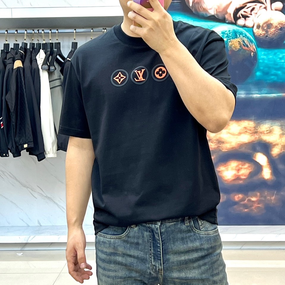 カジュアル ロゴ クルーネック ルイ・ヴィトン Tシャツ 偽物 半袖Tシャツ ブラック-1