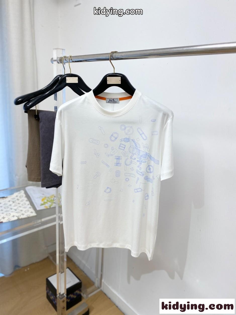 シンプル プリント クルーネック エルメス Tシャツ 偽物 半袖Tシャツ ホワイト-0